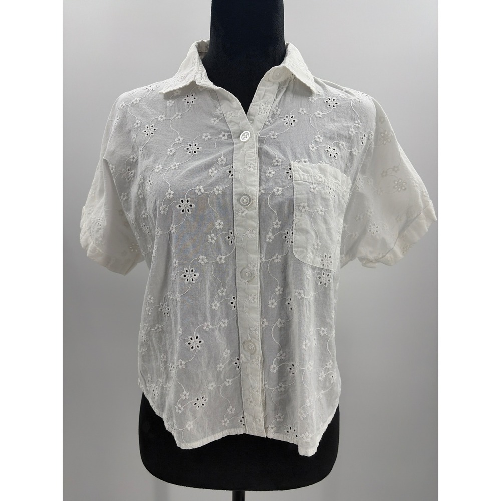 Aeropostale Womens White Floral‎ Eyelet Organic Cotton Short Sleeve Shirt Small